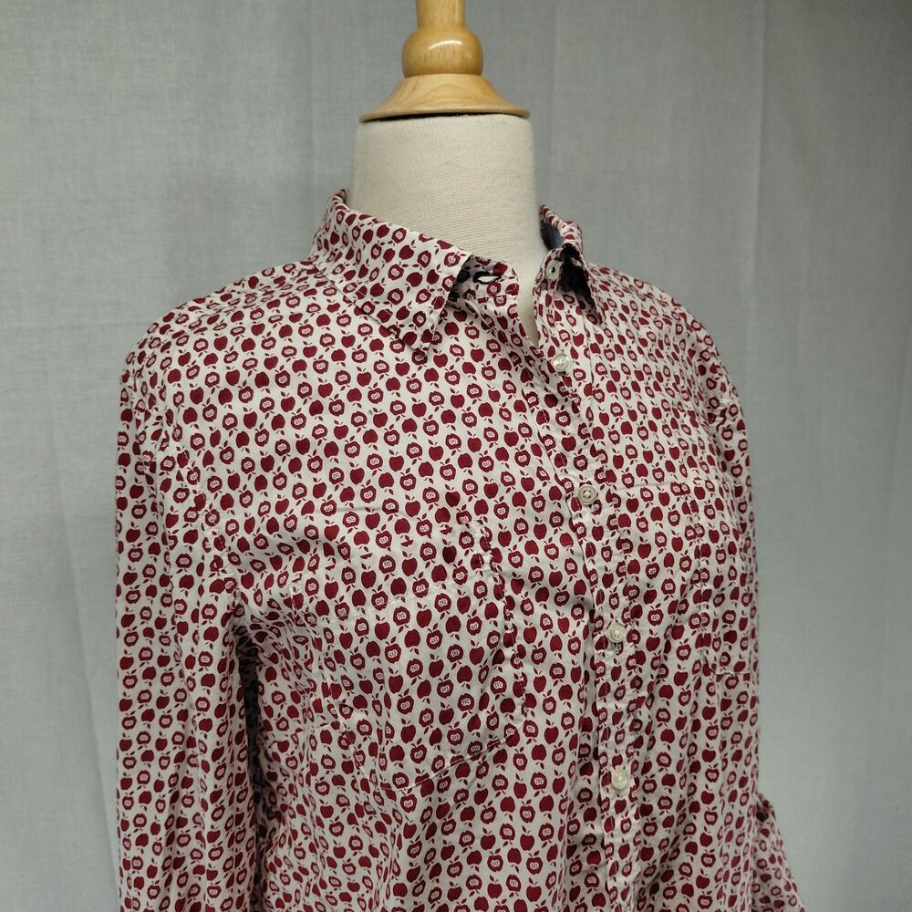 Talbots Apple Print Rolled LS Sleeve Button Down Blouse Red Size 16 - Picture 2 of 10